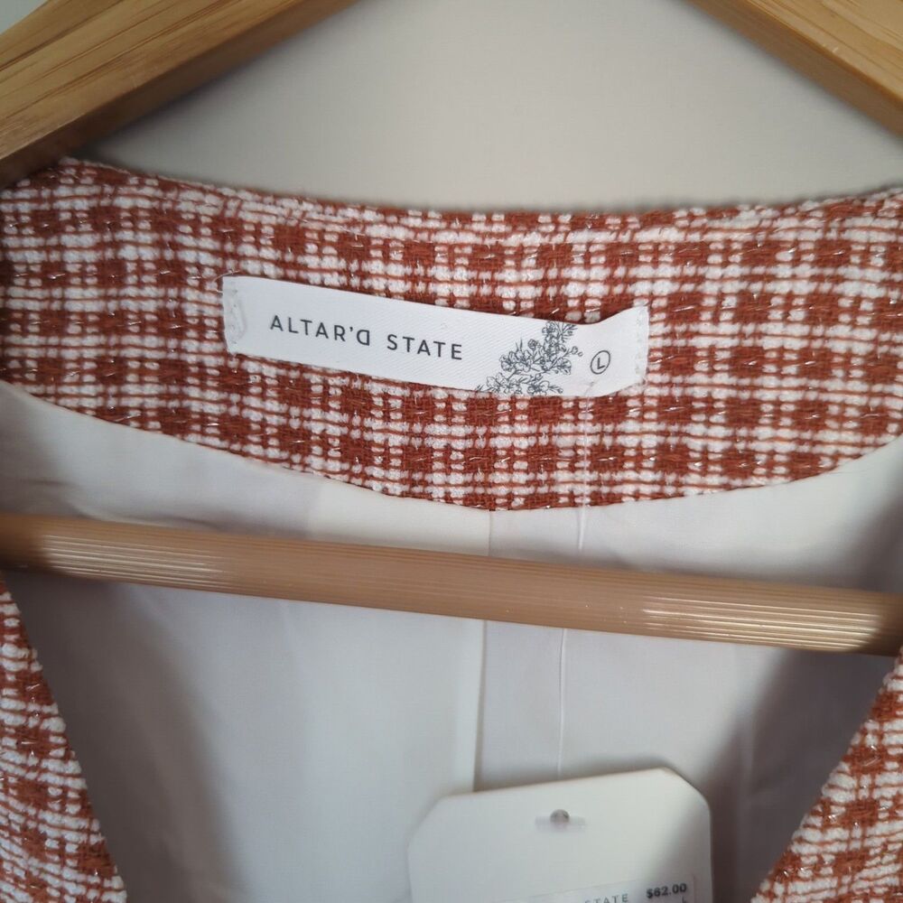 Altar'd State NWT Check Plaid Micro Vest Rust Button Front Large Preppy Menswear - Picture 8 of 9